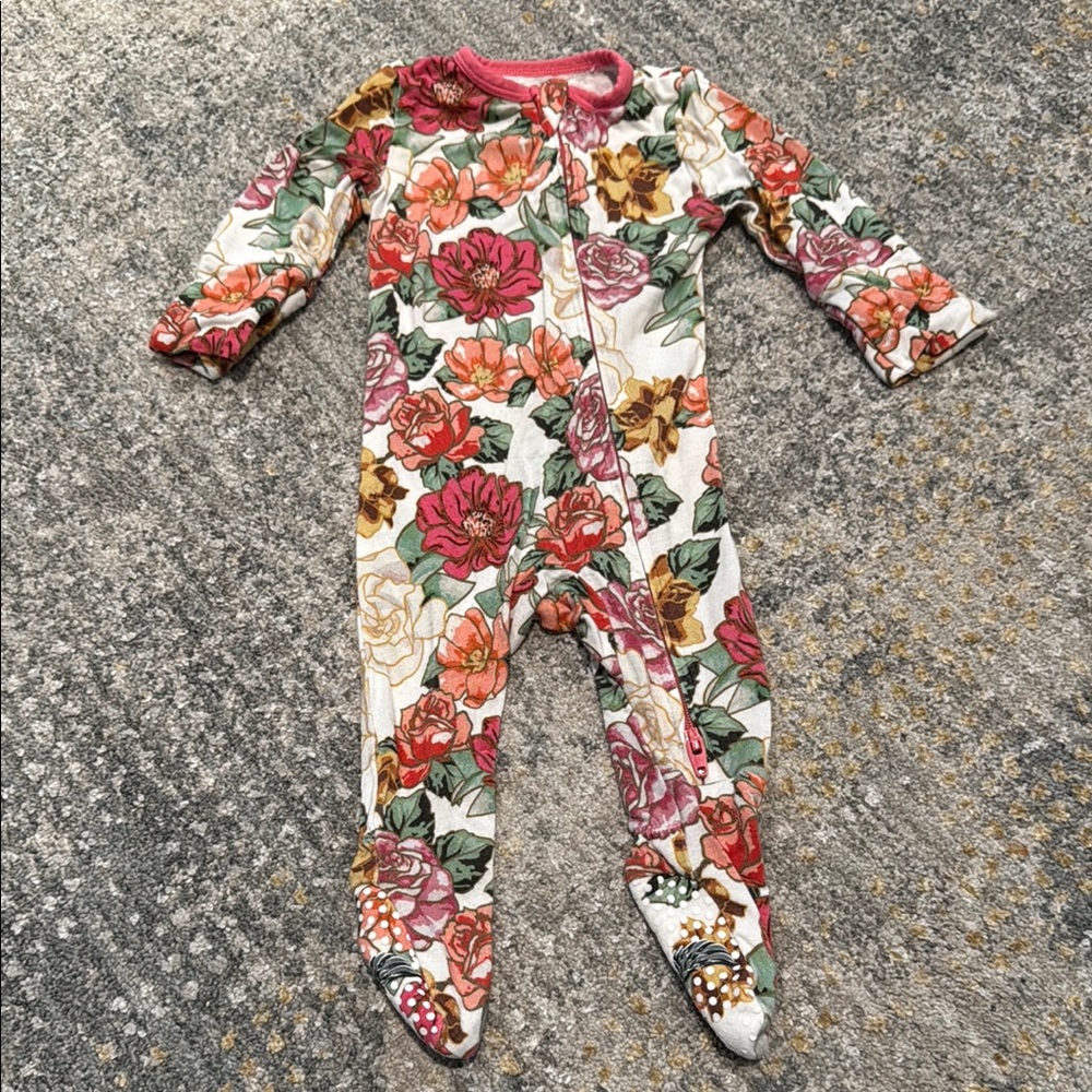 Green and Pink Floral Footies One Piece